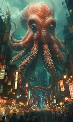 Fotobehang a giants Red Octopus, in the city, Cybernetics, cinema, movie © Tee