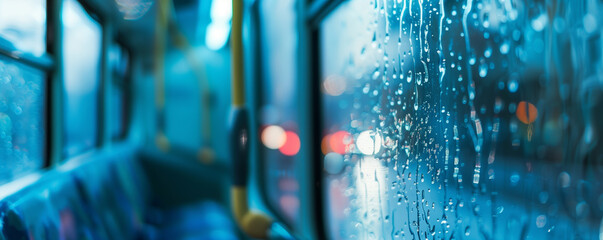 Raindrops on a bus window with blurry city lights.