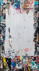 Blank white space amidst torn, wrinkled street posters on wall