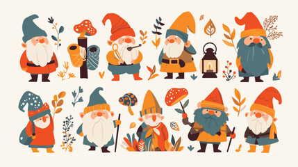 Happy cute little gnomes in autumn. Funny bearded g