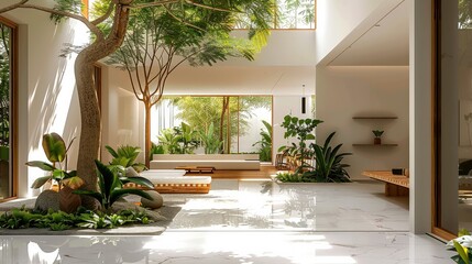 White modern house with a wooden bench, courtyard surrounded by greenery and trees, marble floor in the middle of which there is an open space for seating and relaxing. Generative AI.