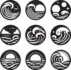 set of sea wave sunset logo icon silhouette symbols clipart, sunset logo concept, collection of sunset with sea wave logos