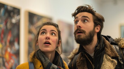 A couple at an art gallery, their faces showing surprise and admiration as they view a shocking piece of art