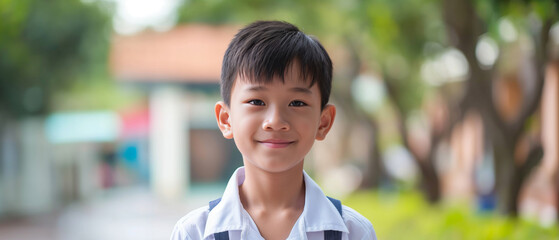 Young asian schoolboy with a bright smile stands outdoors, wearing a white and blue school uniform, showcasing a moment of joyful innocence with a blurred background emphasizing his expression