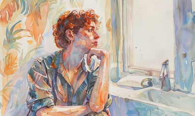 An introspective teenage boy depicted in a watercolor portrait, seated in contemplation in a bathroom