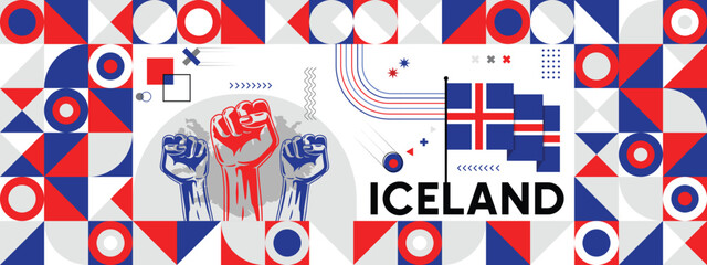 Obraz premium Flag and map of Iceland with raised fists. National day or Independence day design for Counrty celebration. Modern retro design with abstract icons. Vector illustration.