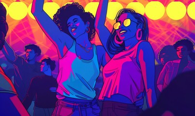 A vibrant illustration of two in love Afro lesbian women dancing at a party, featuring bold yellow hues, digital artwork