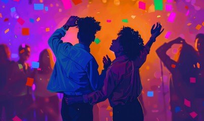 A vibrant illustration of two in love Afro gay men dancing at a party, featuring bold orange hues, digital artwork