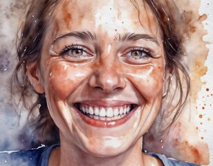 portrait of a woman with freckles, smiling. The woman has blue eyes and her hair is messy. Her skin has white splatters on it, giving it a watercolor effect. - obrazy, fototapety, plakaty