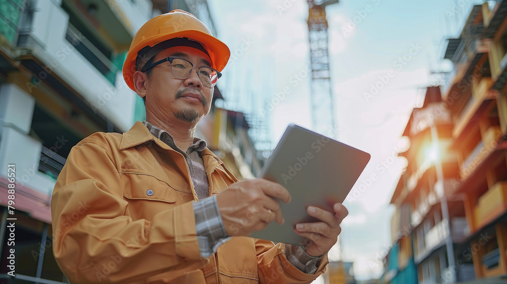 Poster An Asian engineer inspects and works at a construction site using a tablet computer. Generative AI.