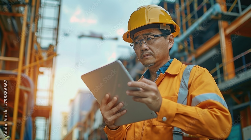Poster An Asian engineer inspects and works at a construction site using a tablet computer. Generative AI.