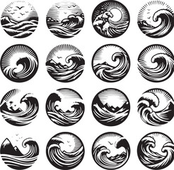 set of sea wave sunset logo icon silhouette symbols clipart, sunset logo concept, collection of sunset with sea wave logos