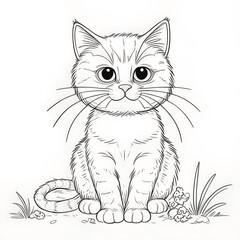 Black and white coloring book page, cat