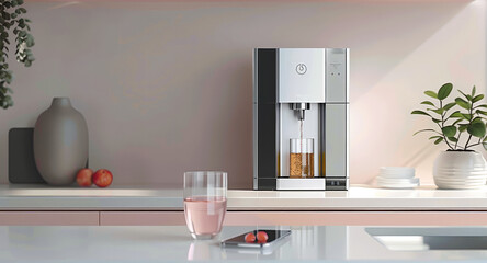 A modern water dispenser featuring a smartphone as its display interface, in a minimalist white background setting. Generative AI.