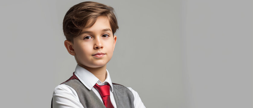 Portrait of a young confident boy dressed in smart casual school attire with a grey waistcoat and red tie, standing against a neutral grey background