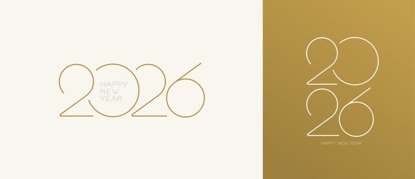 2026, Happy New Year 2026, thin and graceful gold numbers. Design template with typography trend logo 2026 for celebration, season decoration. Minimalist background for branding, card, banner, cover