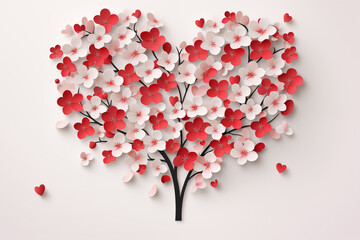 Tree with red and white flowers in heart form on white background.