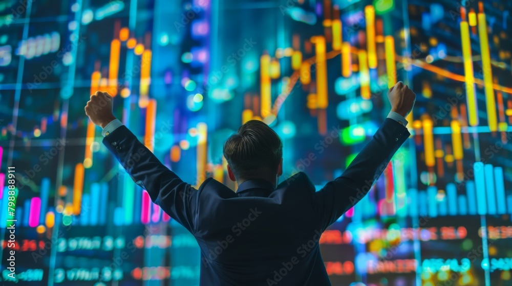 Poster a businessman celebrating success with arms raised in front of a screen showing soaring gold price g