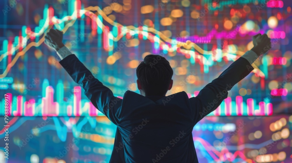 Poster a businessman celebrating success with arms raised in front of a screen showing soaring gold price g