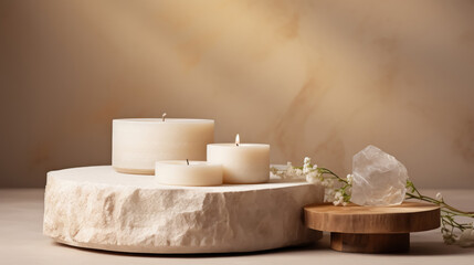 Three white candles on a marble table with a wooden coaster and a crystal.