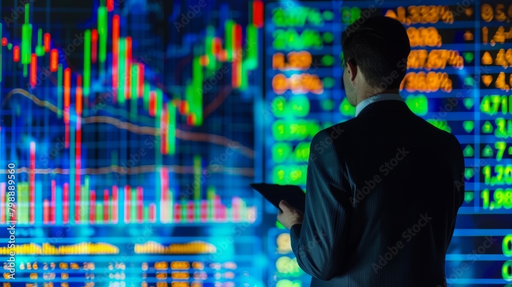 Poster a businessman discussing investment strategies based on gold price projections shown in colorful gra