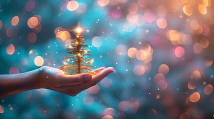 Magical holiday concept with sparkling light tree on palm. Enchanting Christmas bokeh background. Dreamy festive atmosphere captured in vivid style. AI