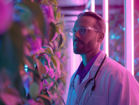 A futuristic middle-aged man in a lab coat gazes at a plant bathed in purple light, embodying a blend of innovation and curiosity
