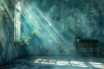Cyan grunge room with a retro feel under soft sun rays, inducing nostalgia.
