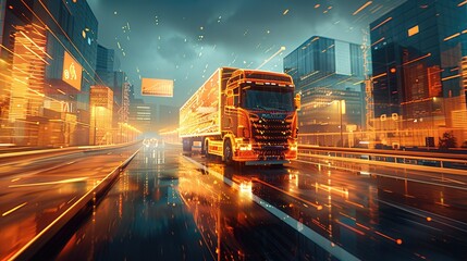 A truck is driving on the road, surrounded by buildings and holographic digital graphics in orange color scheme. The background features a futuristic cityscape with high-tech elements. Generative AI.