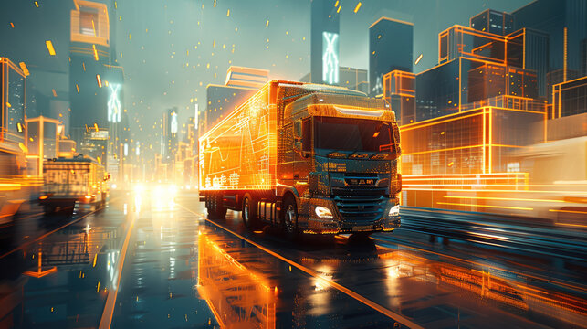 A truck is driving on the road, surrounded by buildings and holographic digital graphics in orange color scheme. The background features a futuristic cityscape with high-tech elements. Generative AI.