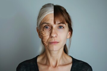 Aging duality and wrinkle severity in woman addressed with skincare solutions involving salicylic acid and face lift, promoting happy life transitions.
