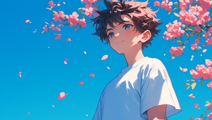 A cute boy with short hair wearing a white T-shirt, with a blue sky and pink flowers in the background