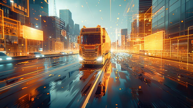 A truck is driving on the road, surrounded by buildings and holographic digital graphics in orange color scheme. The background features a futuristic cityscape with high-tech elements. Generative AI.