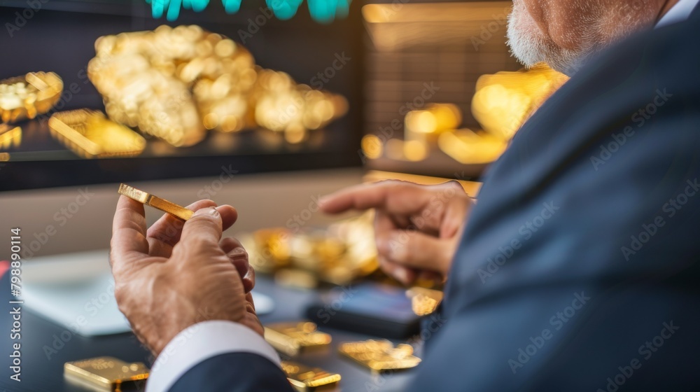 Aufkleber A businessman pointing to a chart showing gold price performance over time during a presentation.