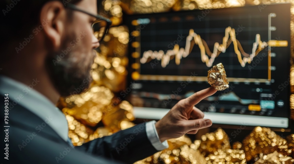 Aufkleber A businessman pointing to a chart showing gold price performance over time during a presentation.