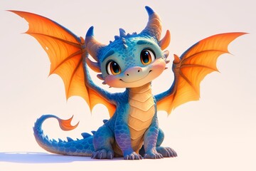 A cute colorful baby dragon with big eyes, sitting on the ground, wings spread out