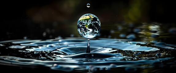 A water drop with earth inside on a blue background, symbolizing global awareness and conservation for World Water Day.