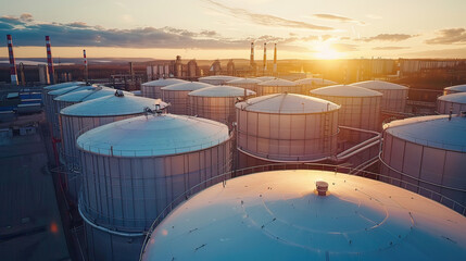 top view perspective, modern and new lids crown large commodity tanks in an industrial area,...