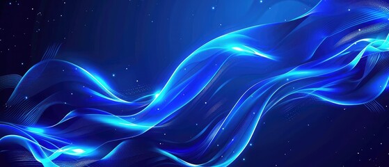 Smooth wave lines on blue neon color light background. Glowing abstract wave on dark, shiny motion, magic space light. Vector techno abstract background, blue color