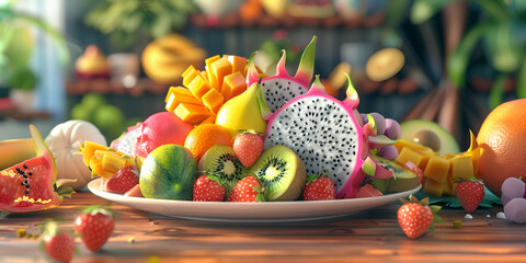 A plate of fruit on the wooden table with a kitchen background
