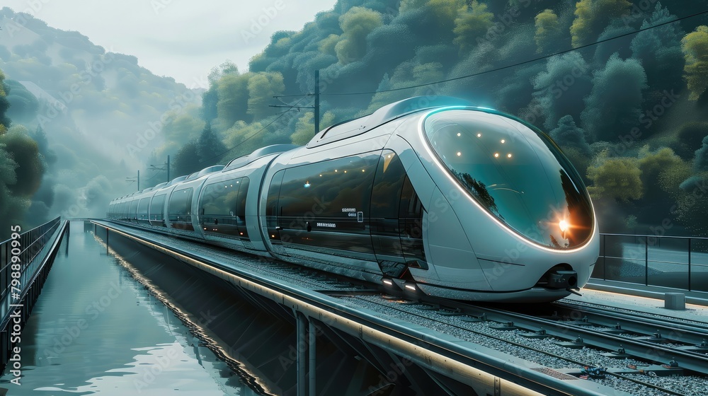 Poster a futuristic train on a rail in an empty environment. generative ai.