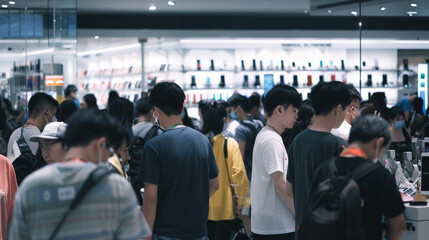 Fototapeta premium long queue in fornt of store because of new smartphone
