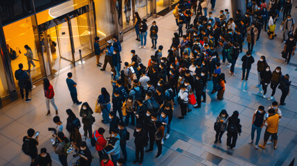 Naklejka premium long queue in fornt of store because of new smartphone