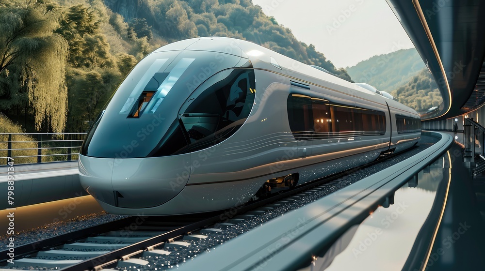 Aufkleber A futuristic train on a rail in an empty environment. Generative AI.