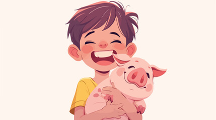 Happy kid sitting with spotty piglet. Child holding