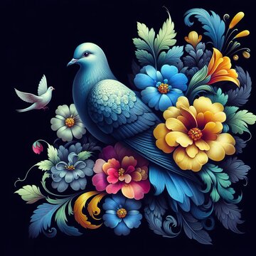 Floral artistic image of black background blue yellow magenta green Dove with her babies