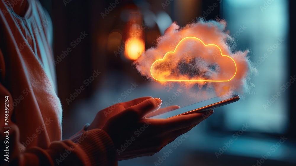 Aufkleber A hand holding a phone with a glowing cloud icon floating above it, symbolizing the power of digital documents and document management in business. Generative AI.