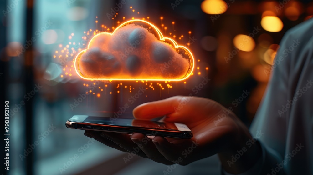 Poster A hand holding a phone with a glowing cloud icon floating above it, symbolizing the power of digital documents and document management in business. Generative AI.