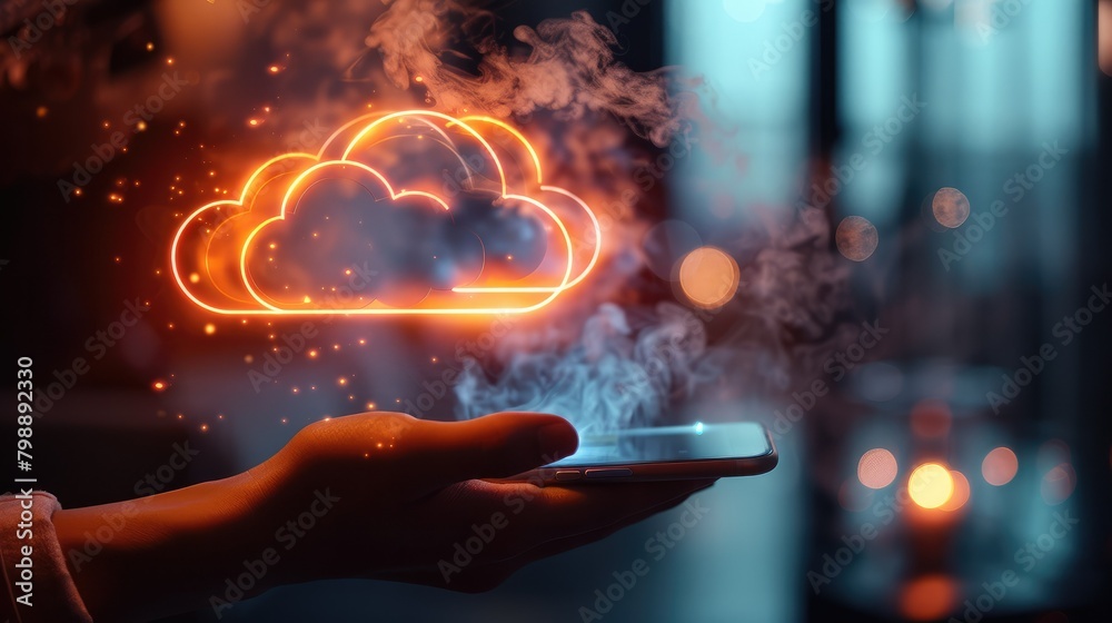 Aufkleber A hand holding a phone with a glowing cloud icon floating above it, symbolizing the power of digital documents and document management in business. Generative AI.