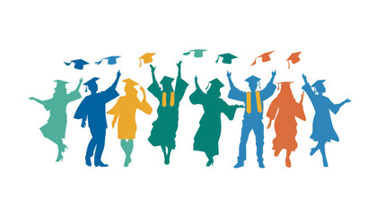 Colorful art watercolor painting illustration of many happy students in gowns, education, graduation study, university and labor market, graduate concept, transparent, cutout background